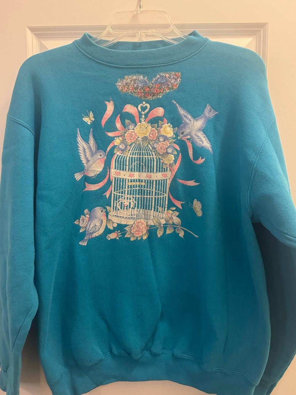 Vintage 80s Granny Cottagecore Birdcage Teal Sweater Size Large